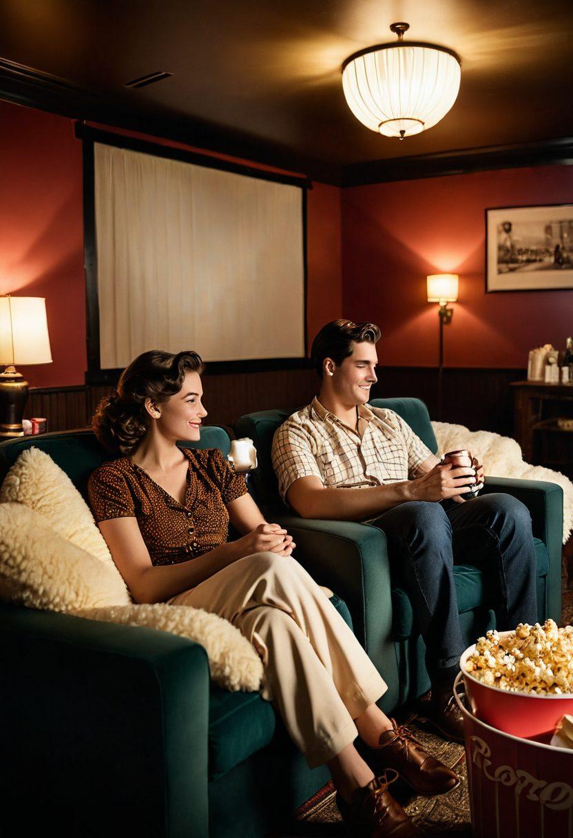 A cozy cinema setting with a vintage projector casting romantic film scenes on a large screen, surrounded by soft, warm lighting and plush seating. Include heart-shaped items scattered around, like pillows and popcorn buckets, emphasizing the theme of love. A couple sharing a quiet moment in the foreground, engrossed in the film, with soft smiles and glances. The atmosphere should feel intimate and nostalgic. super-realistic. warm colors. vintage style.