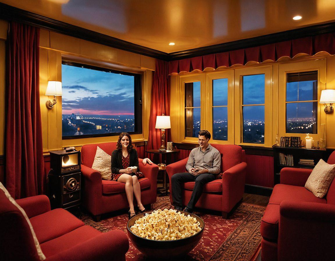 An enchanting film reel unfurling with scenes depicting both heartwarming comedies and intense love stories, surrounded by a cozy cinema setting with twinkling lights. Include elements like popcorn, a vintage film camera, and silhouettes of couples laughing and embracing. Capture the emotional contrast between laughter and drama, with a color palette that transitions from warm yellows to deep reds. retro style. vibrant colors. cozy atmosphere.