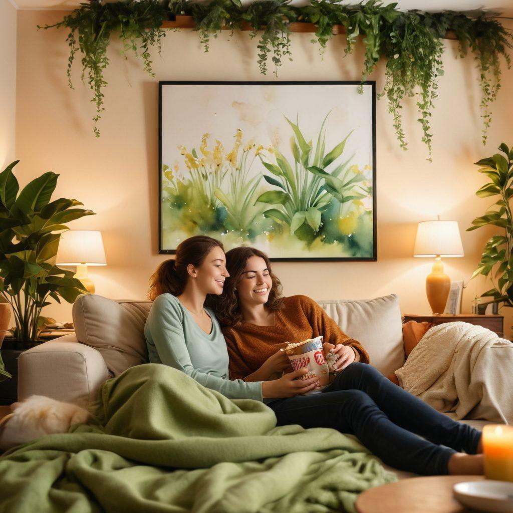 A cozy living room scene featuring a couple cuddling on a couch, engrossed in watching a romantic movie on a large screen, surrounded by popcorn and soft blankets. Soft lighting enhances the warm atmosphere, with heart-shaped wall art and plants adding a touch of warmth. Include subtle glows from the screen reflecting on their faces, evoking a feeling of love and connection. watercolor painting. warm tones. intimate atmosphere.